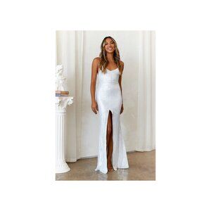 NWT DEAR EMILIA Sparkle In Her Eyes Sequin Maxi Dress Silver  Sz. S
